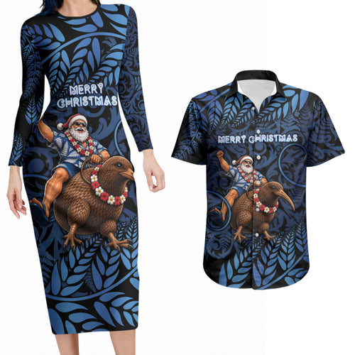 New Zealand Christmas Couples Matching Long Sleeve Bodycon Dress and Hawaiian Shirt Santa Riding Kiwi Bird Silver Fern