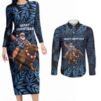 New Zealand Christmas Couples Matching Long Sleeve Bodycon Dress and Long Sleeve Button Shirt Santa Riding Kiwi Bird Silver Fern