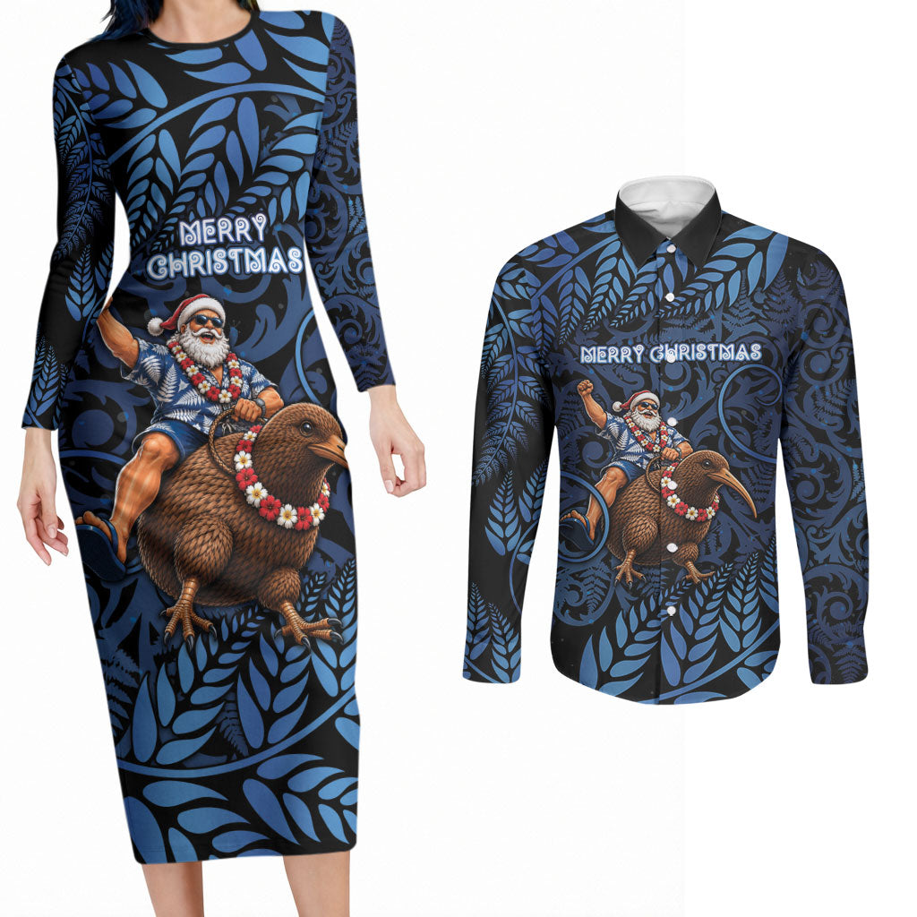 New Zealand Christmas Couples Matching Long Sleeve Bodycon Dress and Long Sleeve Button Shirt Santa Riding Kiwi Bird Silver Fern