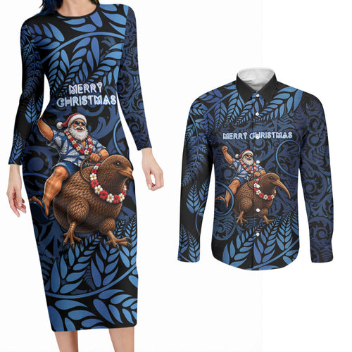 New Zealand Christmas Couples Matching Long Sleeve Bodycon Dress and Long Sleeve Button Shirt Santa Riding Kiwi Bird Silver Fern