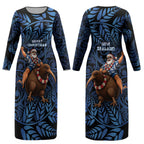 New Zealand Christmas Couples Matching Long Sleeve Bodycon Dress and Long Sleeve Button Shirt Santa Riding Kiwi Bird Silver Fern