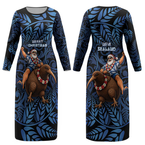 New Zealand Christmas Couples Matching Long Sleeve Bodycon Dress and Long Sleeve Button Shirt Santa Riding Kiwi Bird Silver Fern