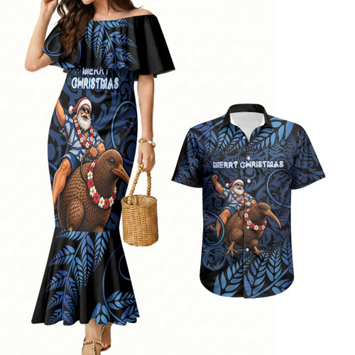 New Zealand Christmas Couples Matching Mermaid Dress and Hawaiian Shirt Santa Riding Kiwi Bird Silver Fern