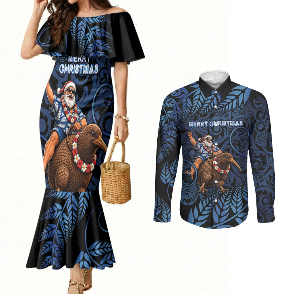 New Zealand Christmas Couples Matching Mermaid Dress and Long Sleeve Button Shirt Santa Riding Kiwi Bird Silver Fern