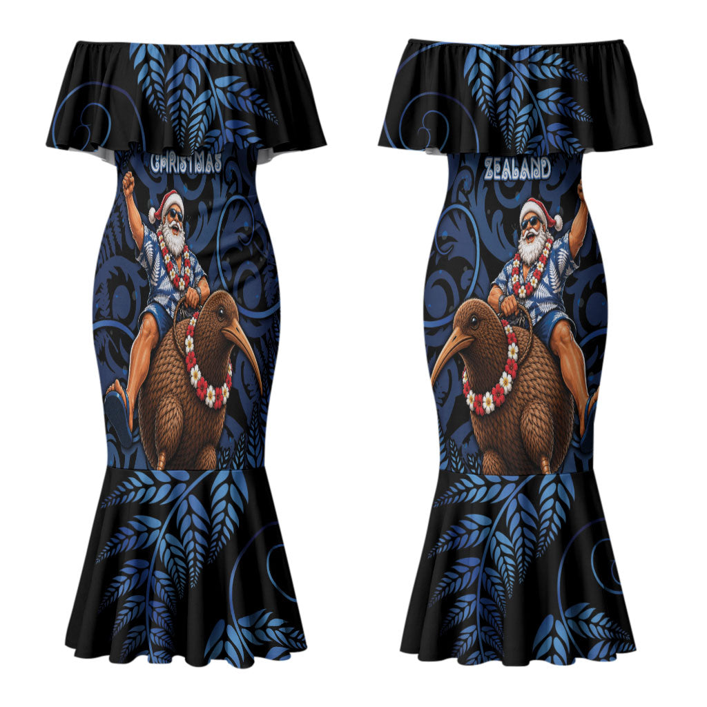 New Zealand Christmas Couples Matching Mermaid Dress and Long Sleeve Button Shirt Santa Riding Kiwi Bird Silver Fern