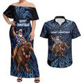 New Zealand Christmas Couples Matching Off Shoulder Maxi Dress and Hawaiian Shirt Santa Riding Kiwi Bird Silver Fern