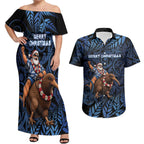 New Zealand Christmas Couples Matching Off Shoulder Maxi Dress and Hawaiian Shirt Santa Riding Kiwi Bird Silver Fern