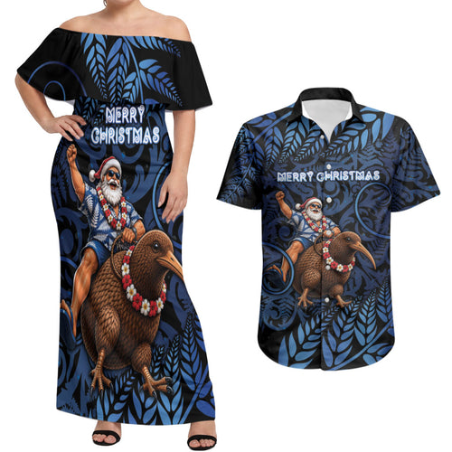 New Zealand Christmas Couples Matching Off Shoulder Maxi Dress and Hawaiian Shirt Santa Riding Kiwi Bird Silver Fern
