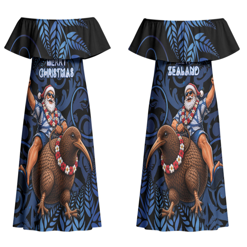 New Zealand Christmas Couples Matching Off Shoulder Maxi Dress and Hawaiian Shirt Santa Riding Kiwi Bird Silver Fern