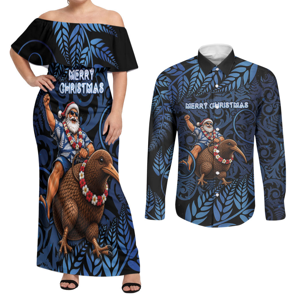 New Zealand Christmas Couples Matching Off Shoulder Maxi Dress and Long Sleeve Button Shirt Santa Riding Kiwi Bird Silver Fern