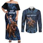 New Zealand Christmas Couples Matching Off Shoulder Maxi Dress and Long Sleeve Button Shirt Santa Riding Kiwi Bird Silver Fern