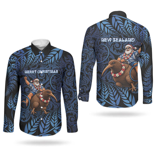 New Zealand Christmas Couples Matching Off Shoulder Maxi Dress and Long Sleeve Button Shirt Santa Riding Kiwi Bird Silver Fern