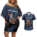 New Zealand Christmas Couples Matching Off Shoulder Short Dress and Hawaiian Shirt Santa Riding Kiwi Bird Silver Fern