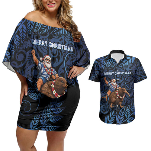 New Zealand Christmas Couples Matching Off Shoulder Short Dress and Hawaiian Shirt Santa Riding Kiwi Bird Silver Fern