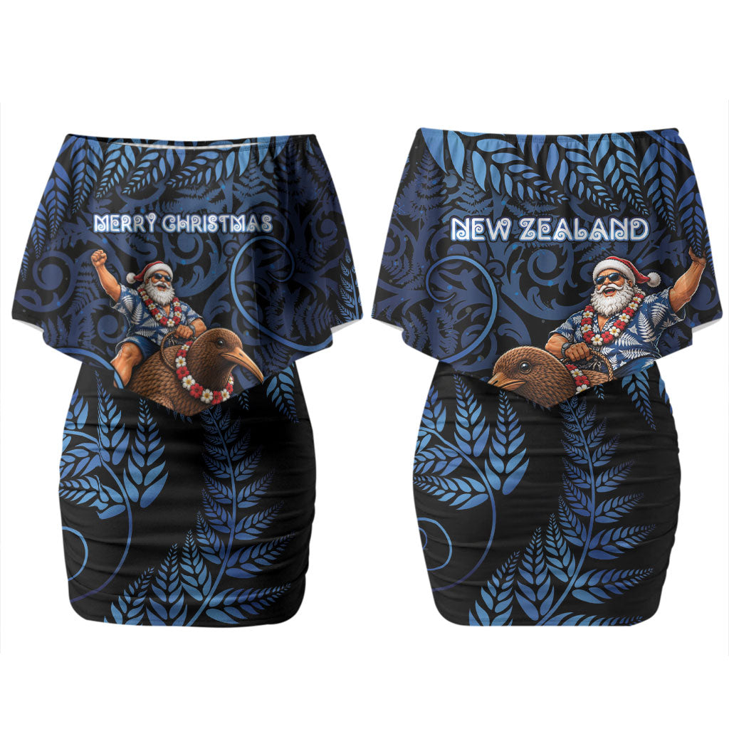 New Zealand Christmas Couples Matching Off Shoulder Short Dress and Hawaiian Shirt Santa Riding Kiwi Bird Silver Fern