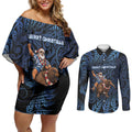 New Zealand Christmas Couples Matching Off Shoulder Short Dress and Long Sleeve Button Shirt Santa Riding Kiwi Bird Silver Fern