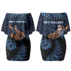 New Zealand Christmas Couples Matching Off Shoulder Short Dress and Long Sleeve Button Shirt Santa Riding Kiwi Bird Silver Fern