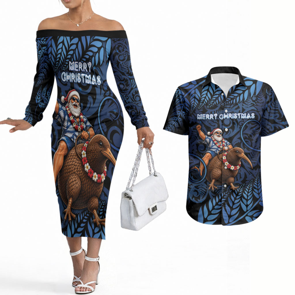New Zealand Christmas Couples Matching Off The Shoulder Long Sleeve Dress and Hawaiian Shirt Santa Riding Kiwi Bird Silver Fern