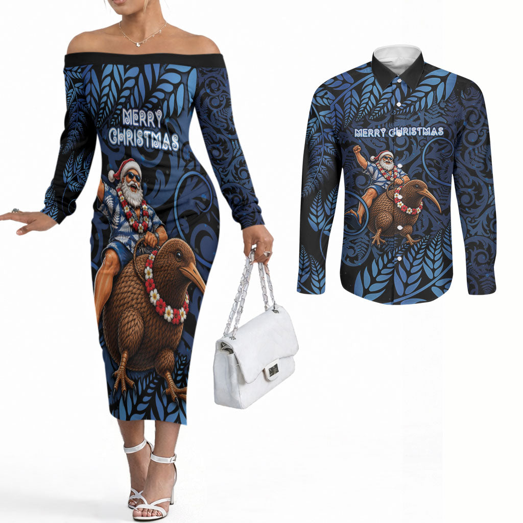 New Zealand Christmas Couples Matching Off The Shoulder Long Sleeve Dress and Long Sleeve Button Shirt Santa Riding Kiwi Bird Silver Fern