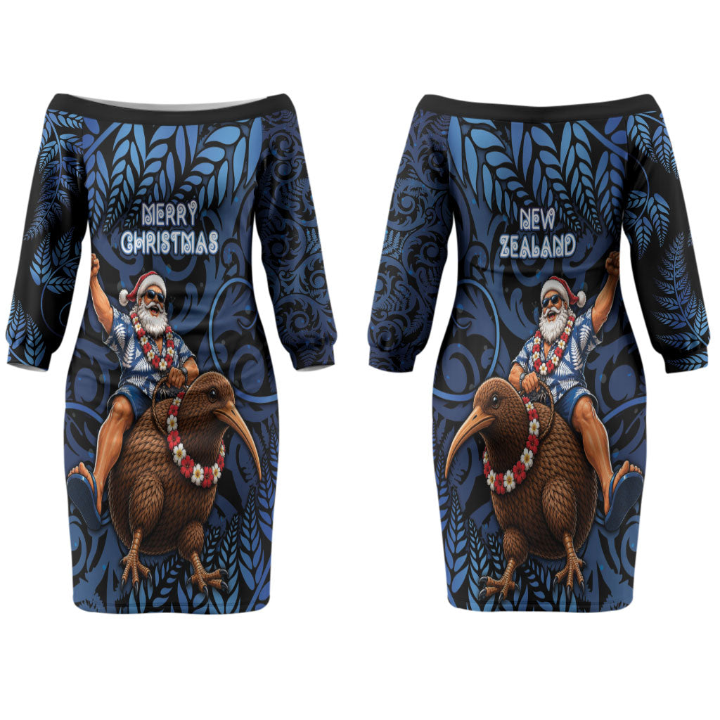 New Zealand Christmas Couples Matching Off The Shoulder Long Sleeve Dress and Long Sleeve Button Shirt Santa Riding Kiwi Bird Silver Fern