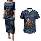 New Zealand Christmas Couples Matching Puletasi and Hawaiian Shirt Santa Riding Kiwi Bird Silver Fern