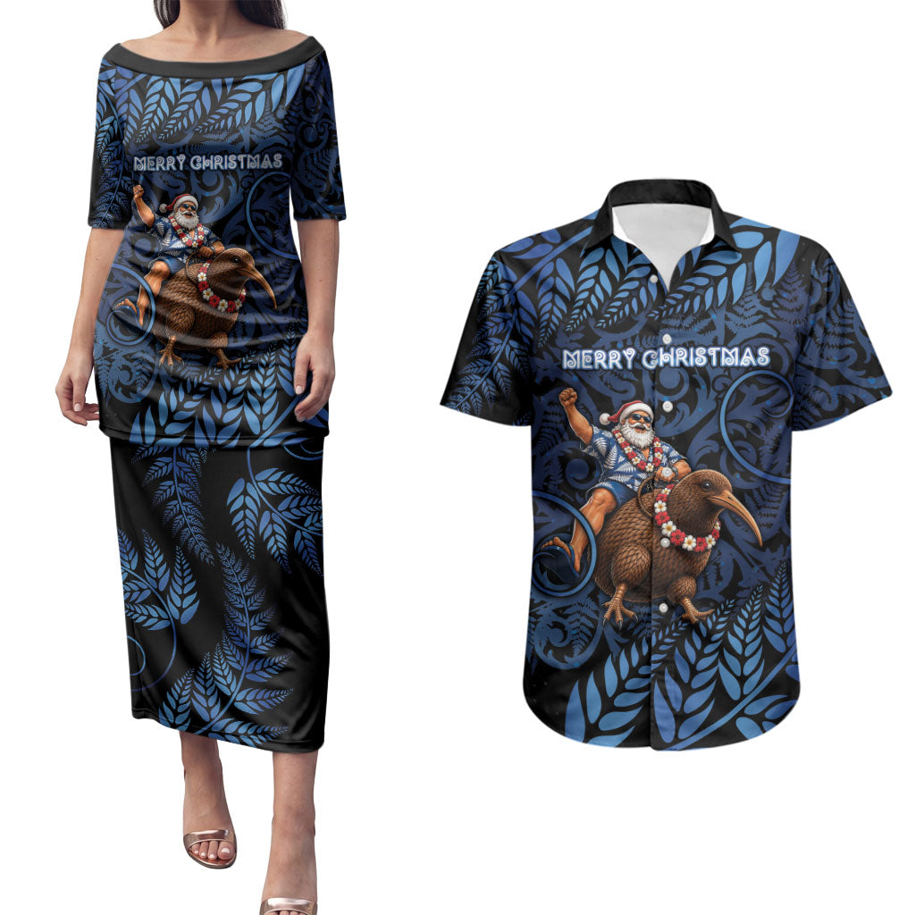 New Zealand Christmas Couples Matching Puletasi and Hawaiian Shirt Santa Riding Kiwi Bird Silver Fern
