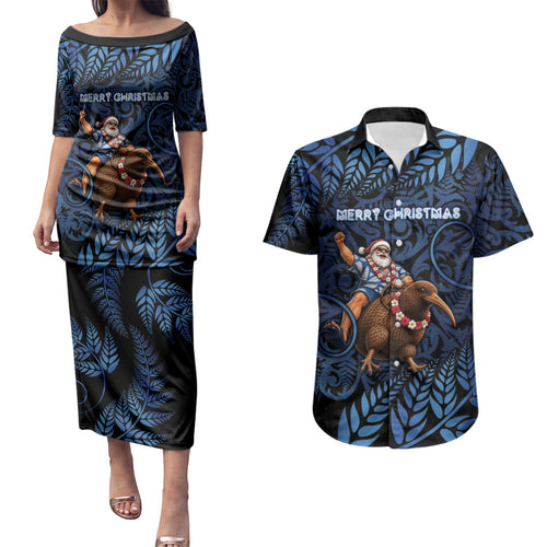 New Zealand Christmas Couples Matching Puletasi and Hawaiian Shirt Santa Riding Kiwi Bird Silver Fern