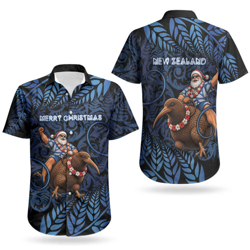 New Zealand Christmas Couples Matching Puletasi and Hawaiian Shirt Santa Riding Kiwi Bird Silver Fern