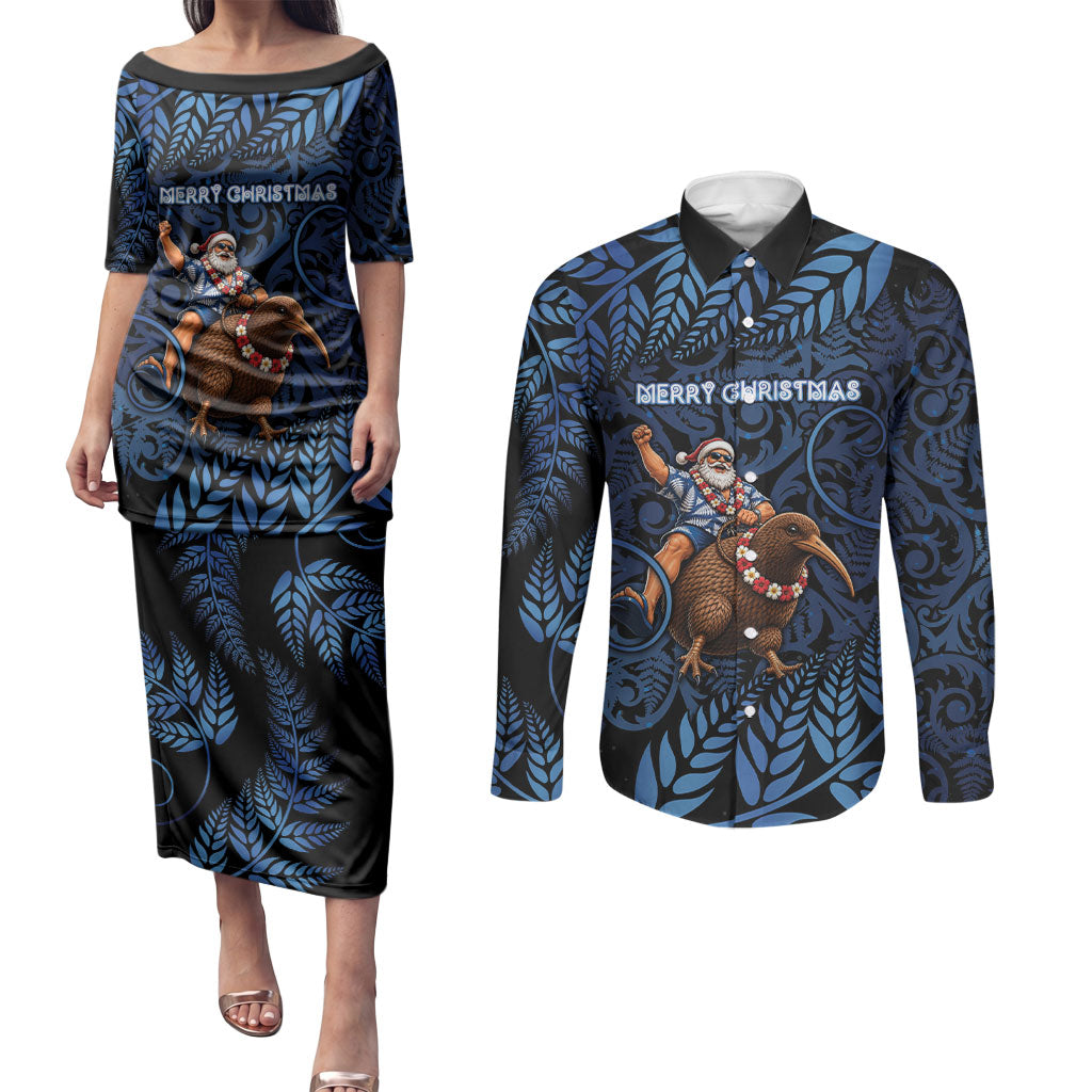 New Zealand Christmas Couples Matching Puletasi and Long Sleeve Button Shirt Santa Riding Kiwi Bird Silver Fern
