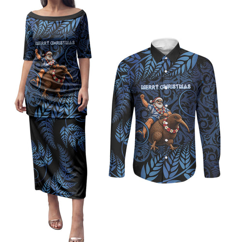 New Zealand Christmas Couples Matching Puletasi and Long Sleeve Button Shirt Santa Riding Kiwi Bird Silver Fern