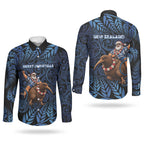 New Zealand Christmas Couples Matching Puletasi and Long Sleeve Button Shirt Santa Riding Kiwi Bird Silver Fern