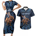 New Zealand Christmas Couples Matching Short Sleeve Bodycon Dress and Hawaiian Shirt Santa Riding Kiwi Bird Silver Fern