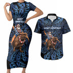 New Zealand Christmas Couples Matching Short Sleeve Bodycon Dress and Hawaiian Shirt Santa Riding Kiwi Bird Silver Fern