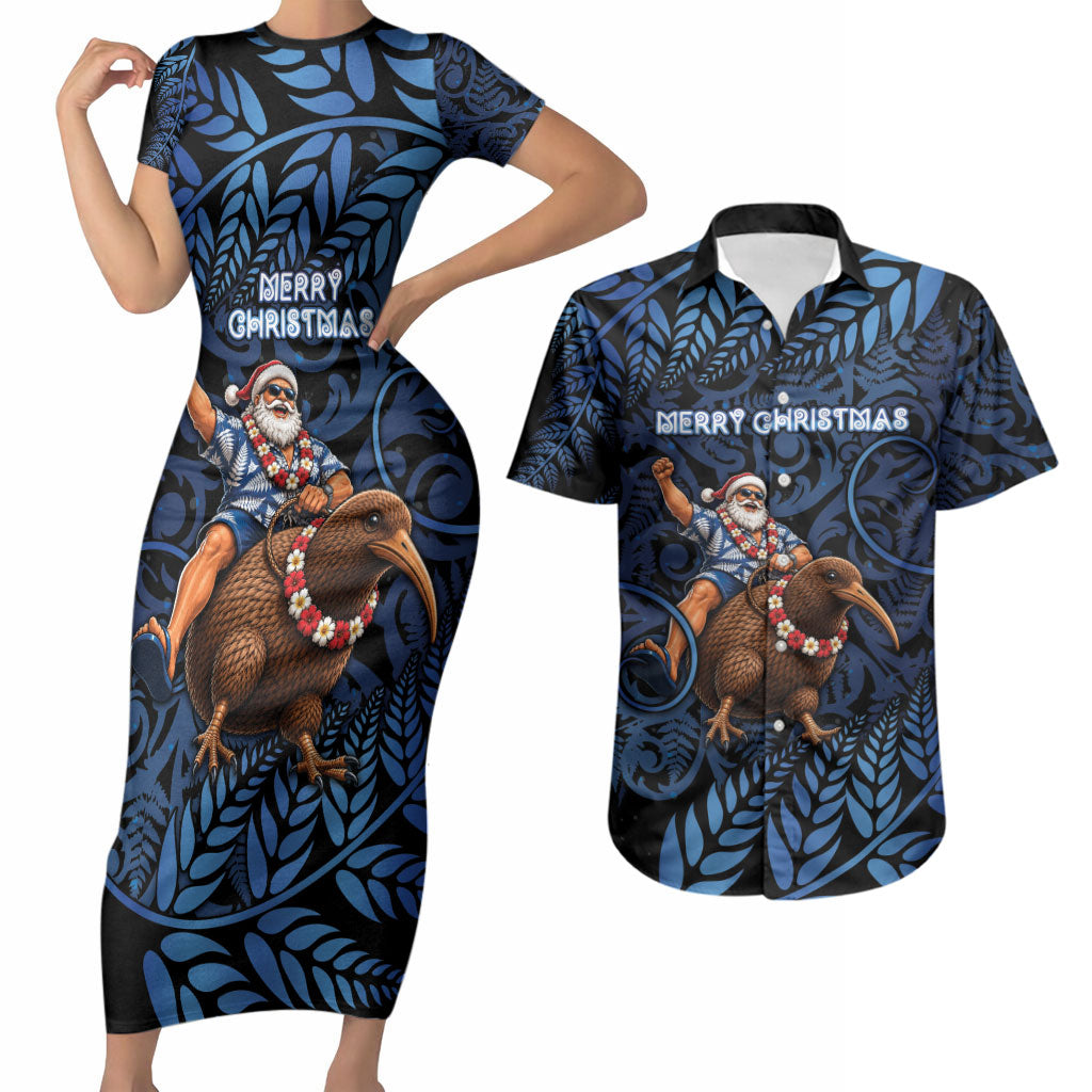 New Zealand Christmas Couples Matching Short Sleeve Bodycon Dress and Hawaiian Shirt Santa Riding Kiwi Bird Silver Fern