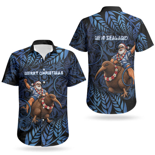 New Zealand Christmas Couples Matching Short Sleeve Bodycon Dress and Hawaiian Shirt Santa Riding Kiwi Bird Silver Fern