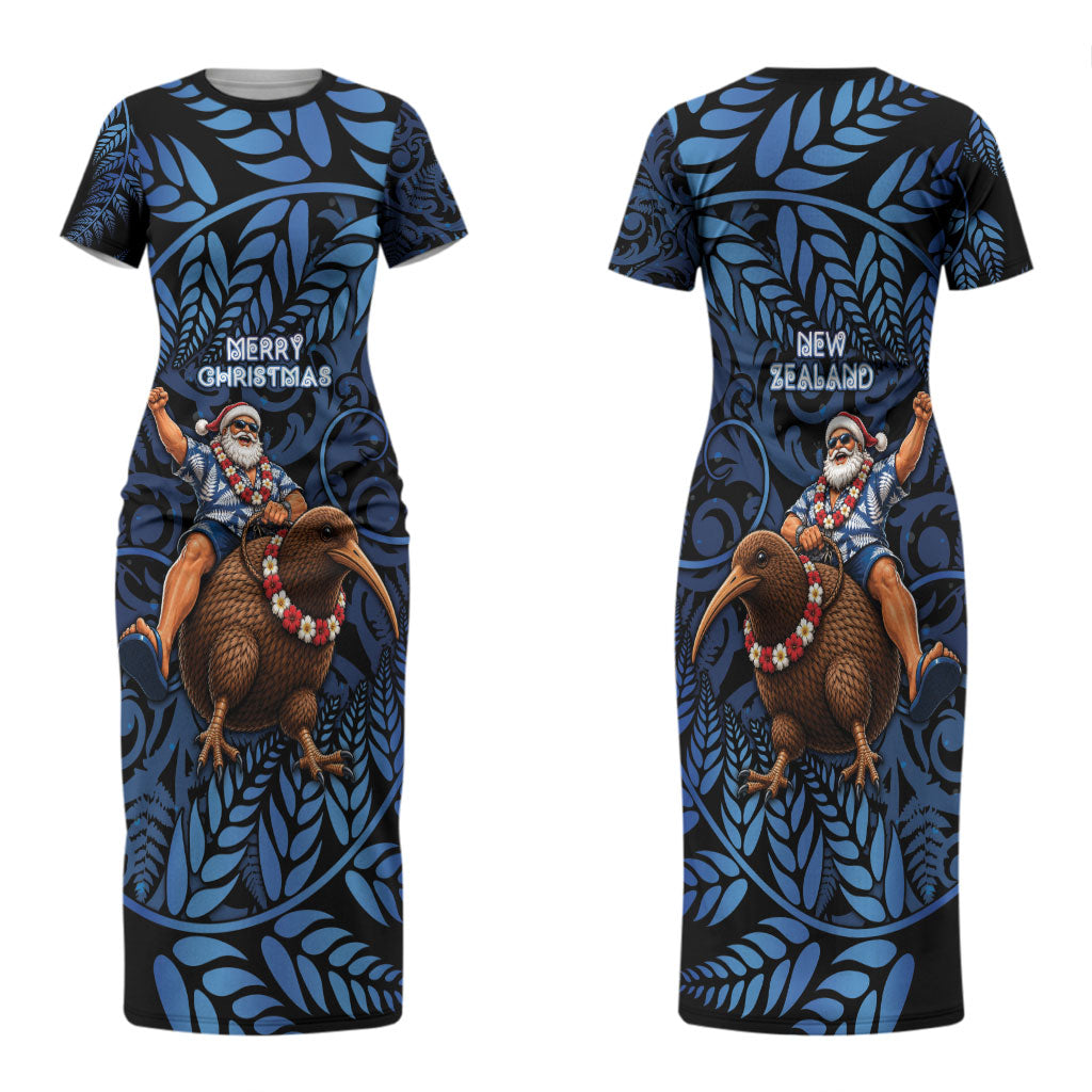 New Zealand Christmas Couples Matching Short Sleeve Bodycon Dress and Hawaiian Shirt Santa Riding Kiwi Bird Silver Fern