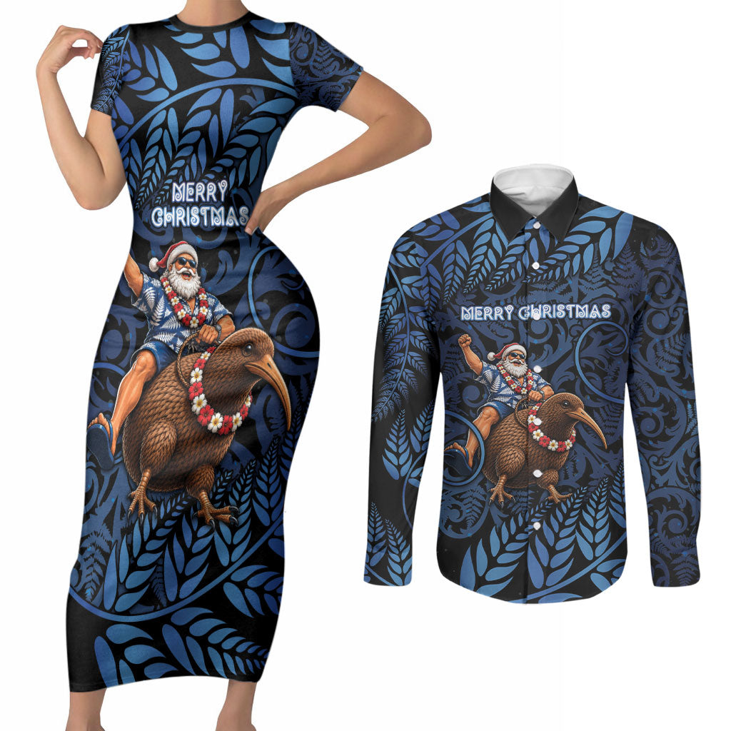 New Zealand Christmas Couples Matching Short Sleeve Bodycon Dress and Long Sleeve Button Shirt Santa Riding Kiwi Bird Silver Fern