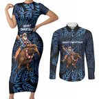 New Zealand Christmas Couples Matching Short Sleeve Bodycon Dress and Long Sleeve Button Shirt Santa Riding Kiwi Bird Silver Fern