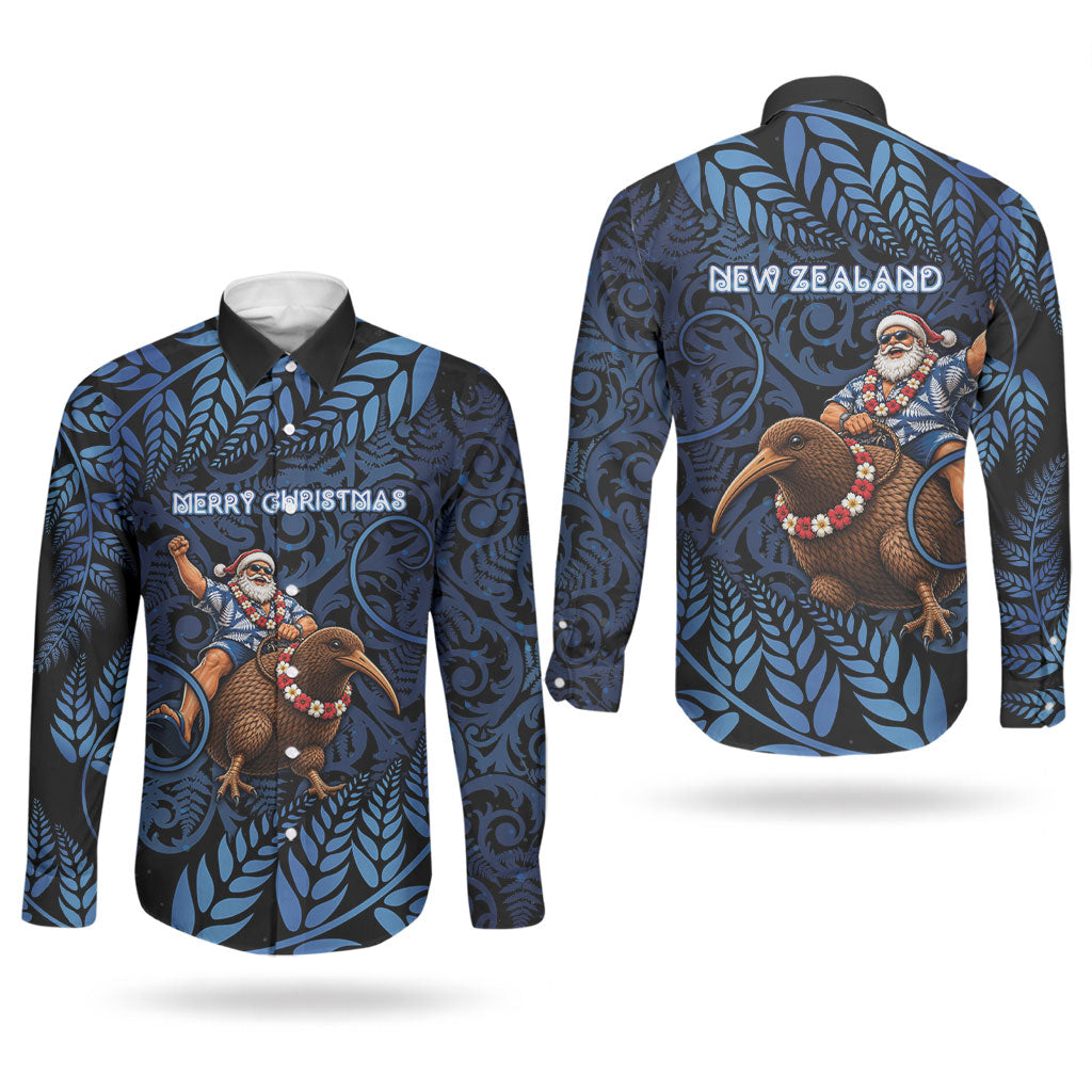 New Zealand Christmas Couples Matching Short Sleeve Bodycon Dress and Long Sleeve Button Shirt Santa Riding Kiwi Bird Silver Fern