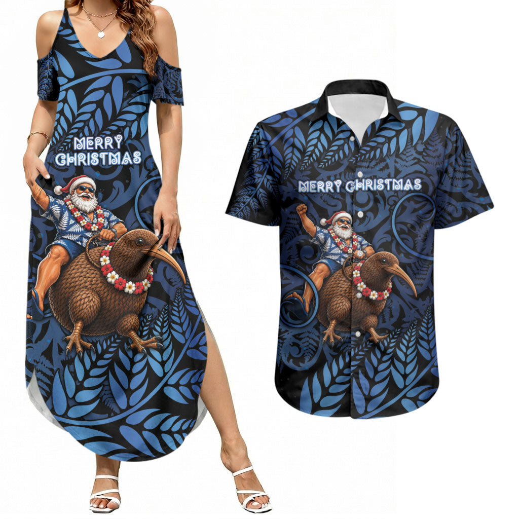 New Zealand Christmas Couples Matching Summer Maxi Dress and Hawaiian Shirt Santa Riding Kiwi Bird Silver Fern