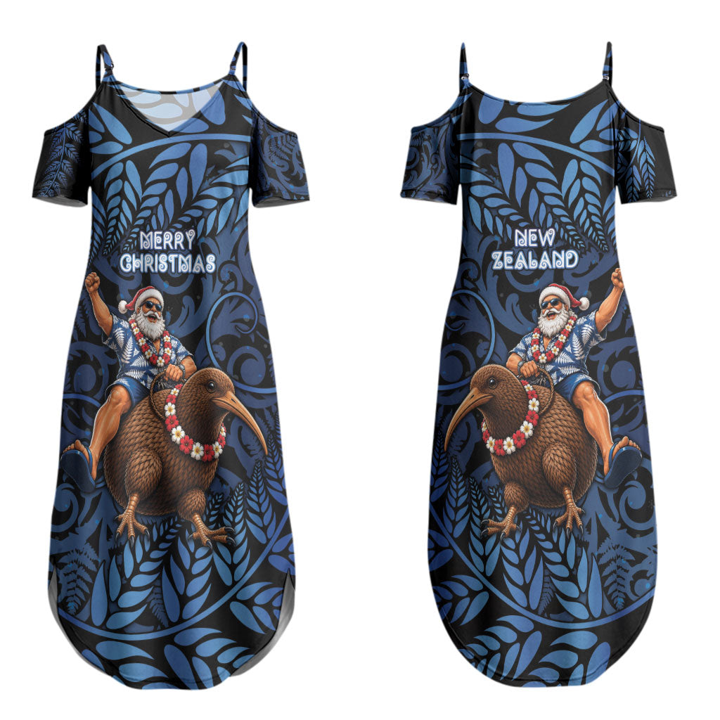 New Zealand Christmas Couples Matching Summer Maxi Dress and Hawaiian Shirt Santa Riding Kiwi Bird Silver Fern