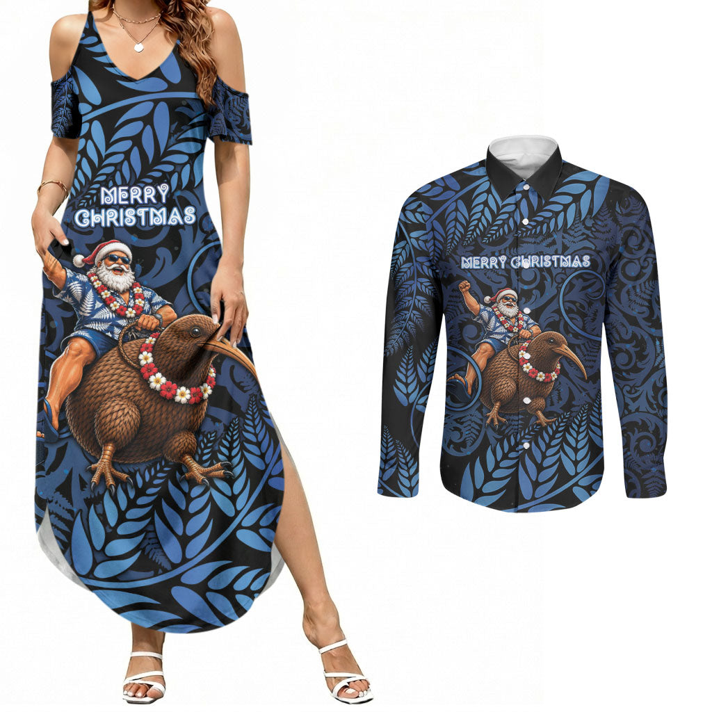New Zealand Christmas Couples Matching Summer Maxi Dress and Long Sleeve Button Shirt Santa Riding Kiwi Bird Silver Fern