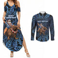 New Zealand Christmas Couples Matching Summer Maxi Dress and Long Sleeve Button Shirt Santa Riding Kiwi Bird Silver Fern