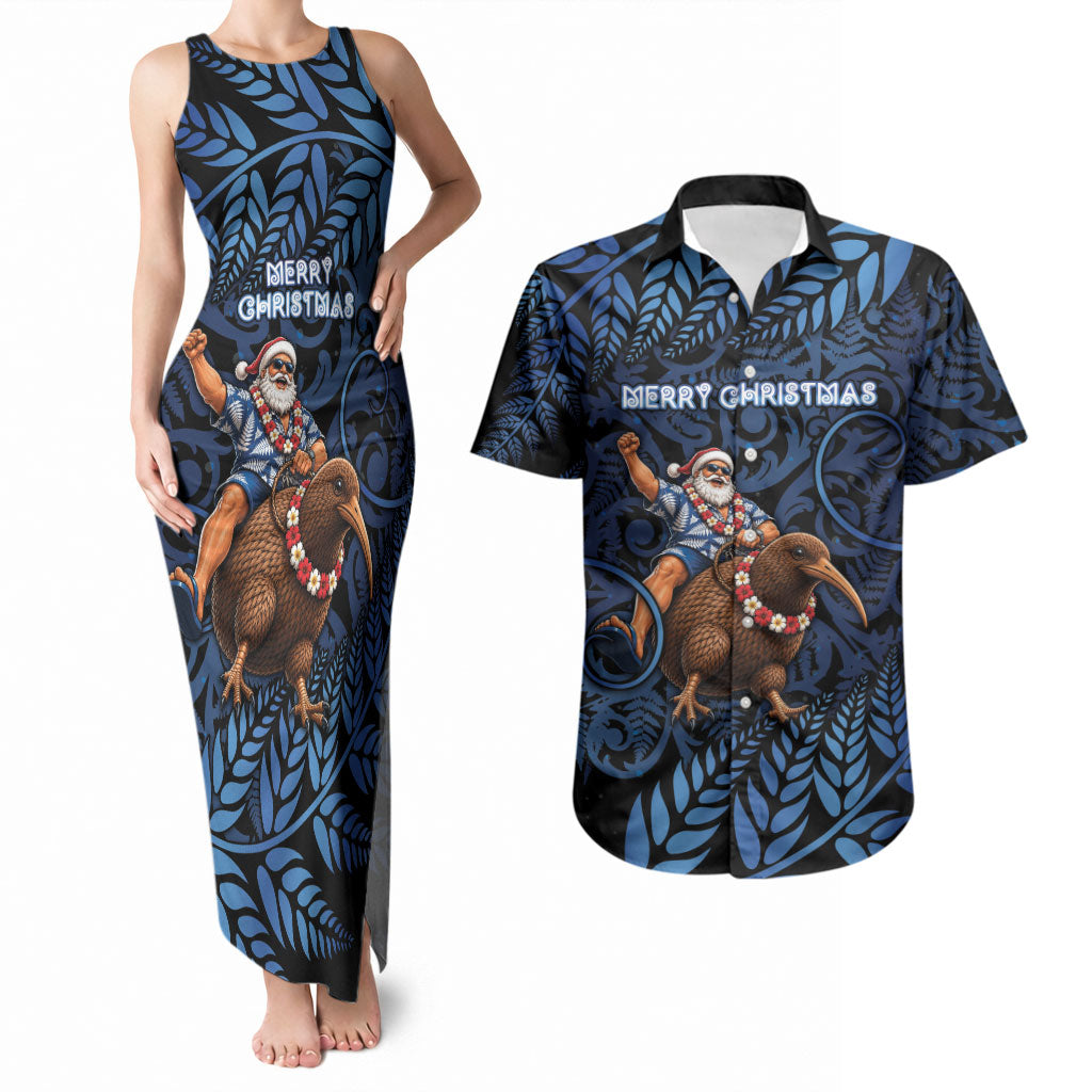 New Zealand Christmas Couples Matching Tank Maxi Dress and Hawaiian Shirt Santa Riding Kiwi Bird Silver Fern