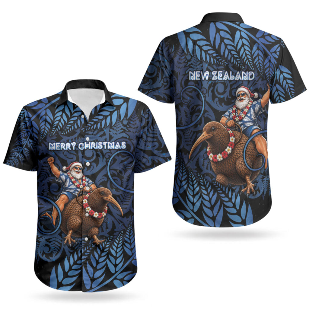 New Zealand Christmas Couples Matching Tank Maxi Dress and Hawaiian Shirt Santa Riding Kiwi Bird Silver Fern