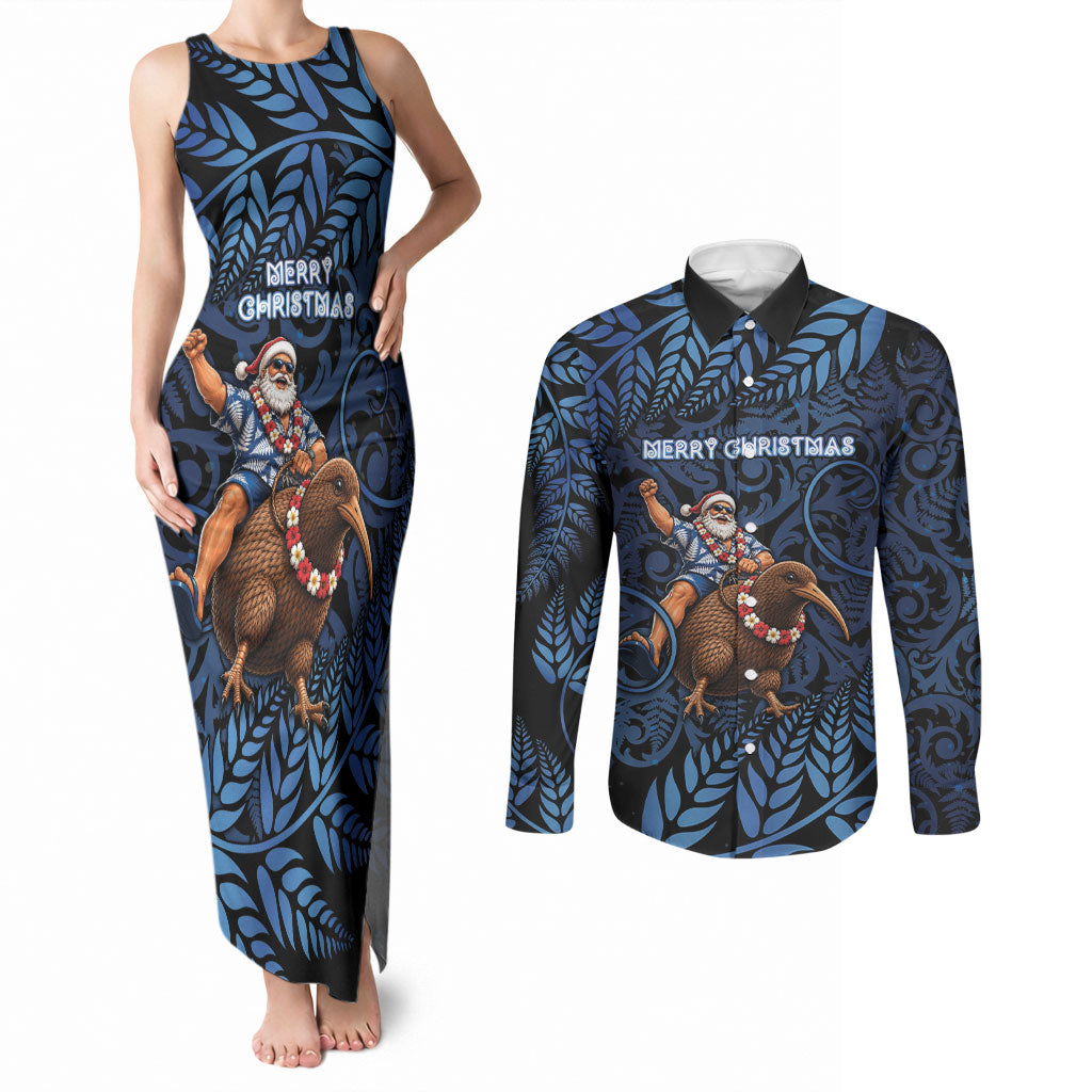 New Zealand Christmas Couples Matching Tank Maxi Dress and Long Sleeve Button Shirt Santa Riding Kiwi Bird Silver Fern