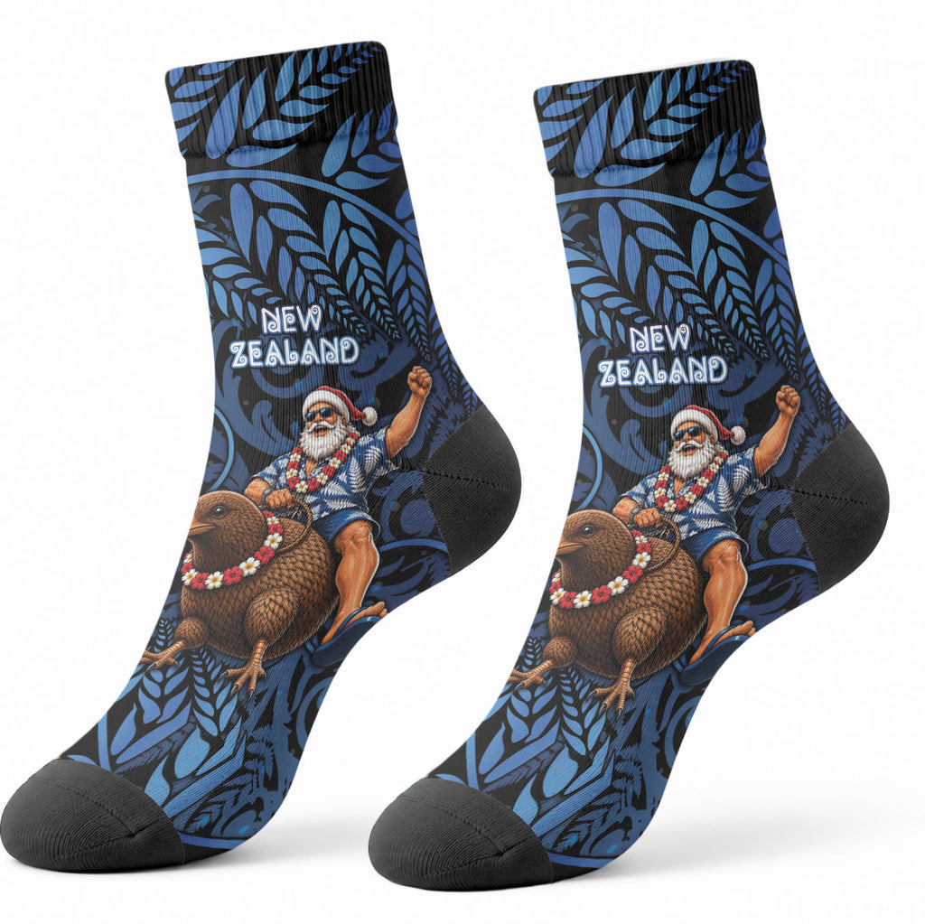 New Zealand Christmas Crew Socks Santa Riding Kiwi Bird Silver Fern