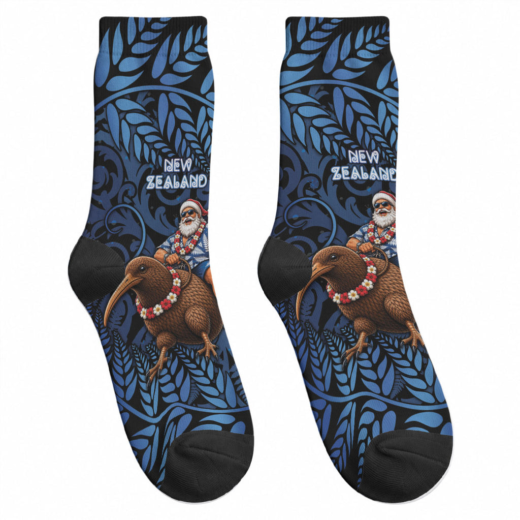 New Zealand Christmas Crew Socks Santa Riding Kiwi Bird Silver Fern