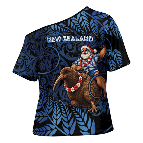 New Zealand Christmas Cross Shoulder Shirt Santa Riding Kiwi Bird Silver Fern