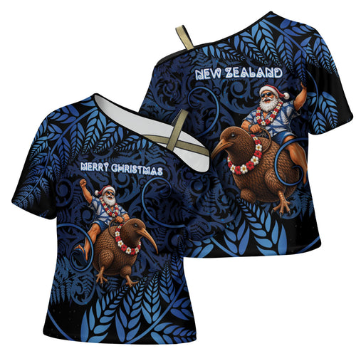 New Zealand Christmas Cross Shoulder Shirt Santa Riding Kiwi Bird Silver Fern